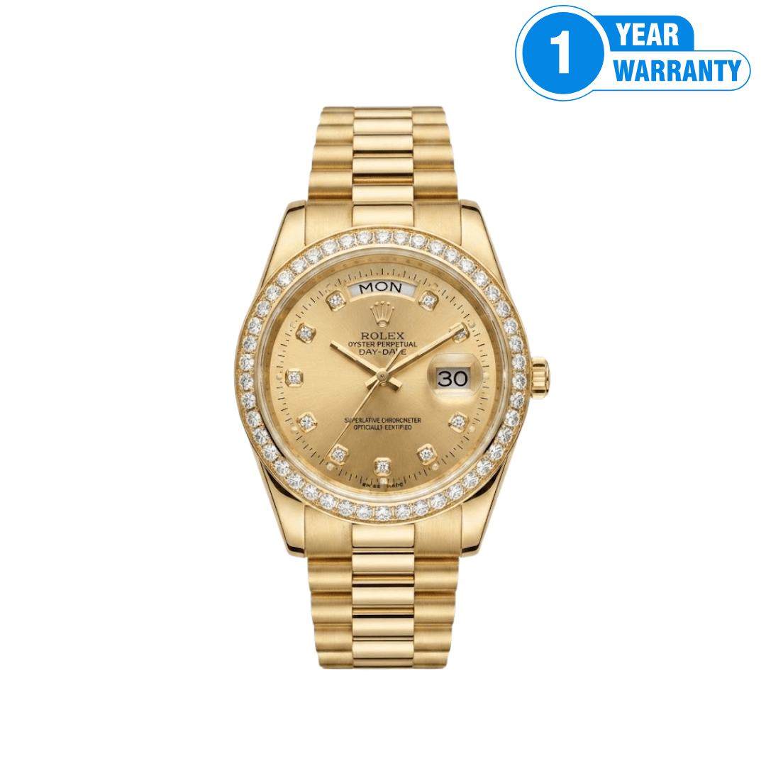 Golden, Diamond-Bezeled Timepiece Resembles A Day-Date Model With A Champagne Dial And A President Bracelet- M42 - Beasymart
