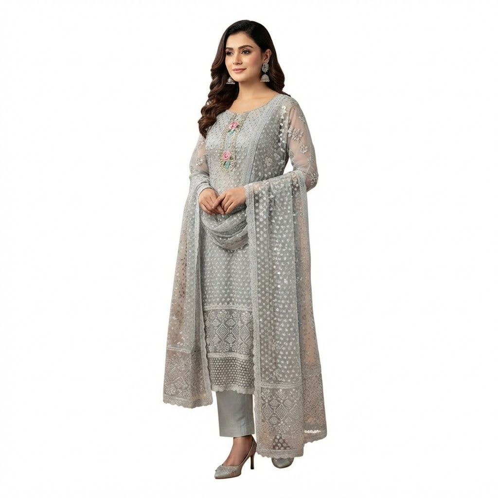 Grey Embroidered Pakistani Salwar Kameez Set (Unstitched)