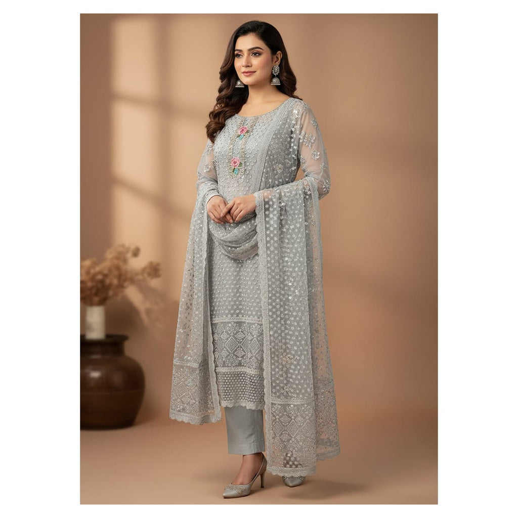 Grey Embroidered Pakistani Salwar Kameez Set (Unstitched)