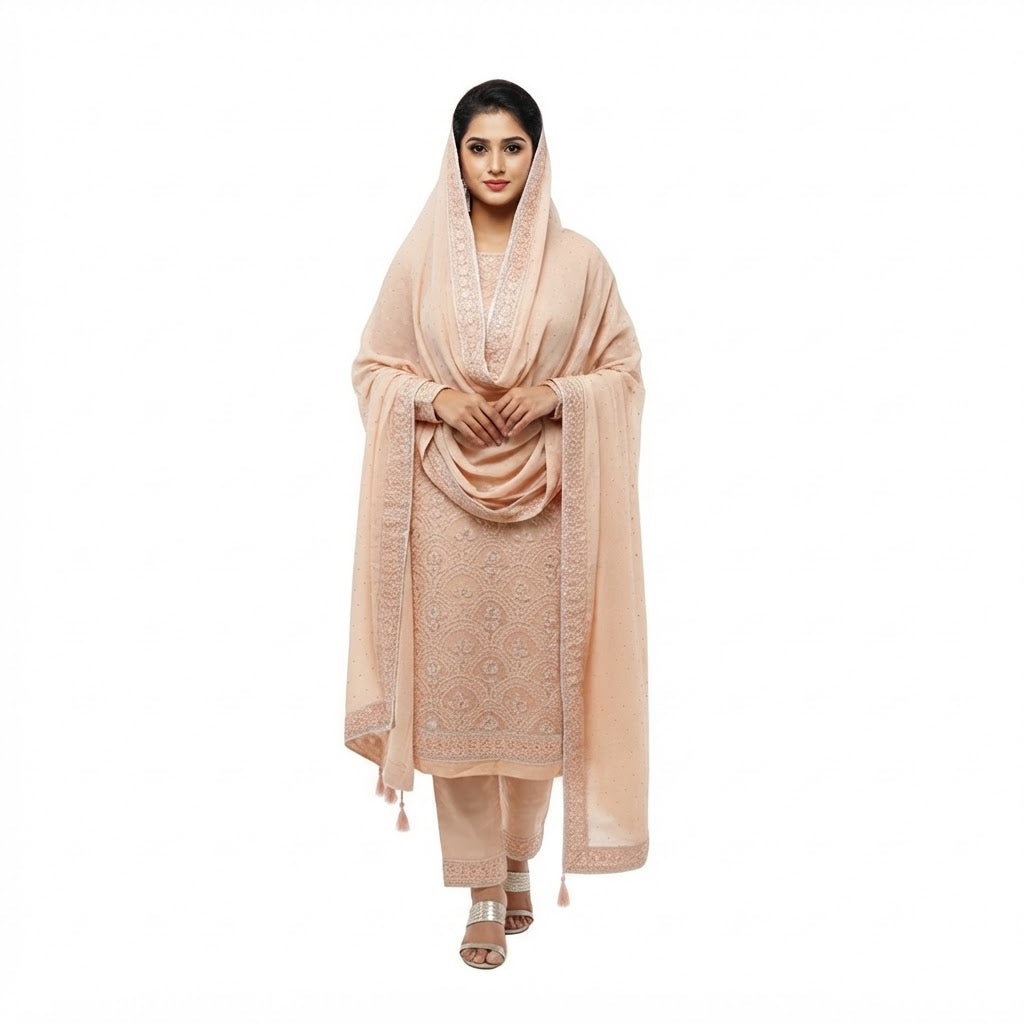Peach-Toned Three-Piece Salwar Kameez (Unstitched)