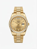 Golden, diamond-bezeled timepiece resembles a Rolex Day-Date model with a champagne dial and a President bracelet- M42