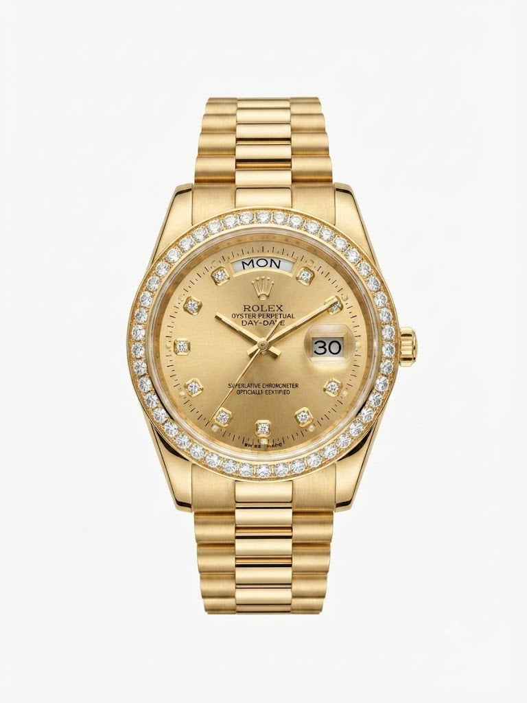Golden, diamond-bezeled timepiece resembles a Rolex Day-Date model with a champagne dial and a President bracelet- M42