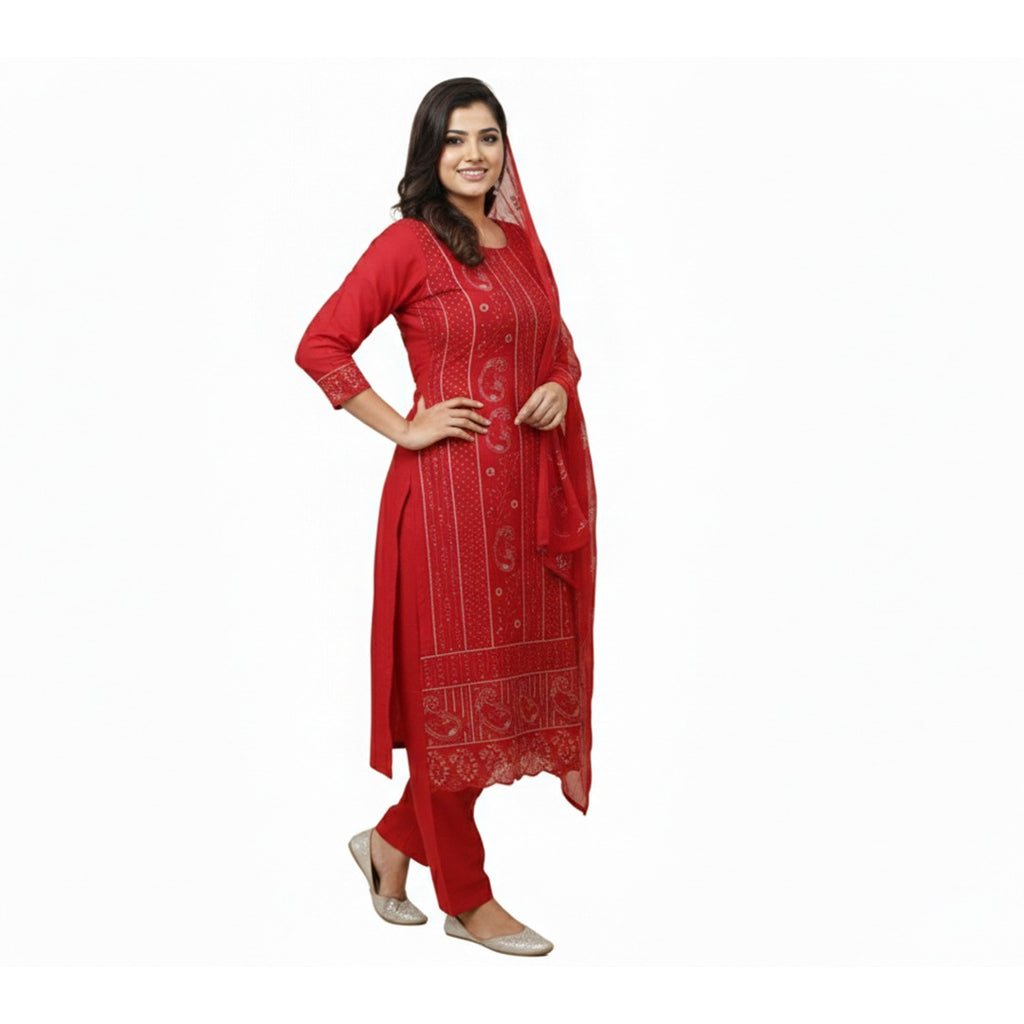 Vibrant Red Traditional Three-Piece Salwar Suit Set (Unstitched)