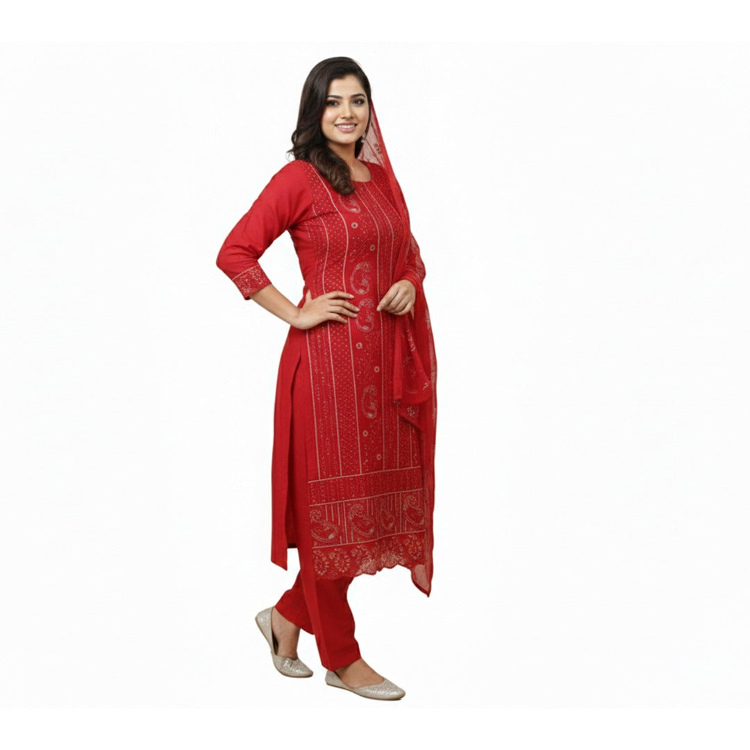 Vibrant Red Traditional Three-Piece Salwar Suit Set (Unstitched)