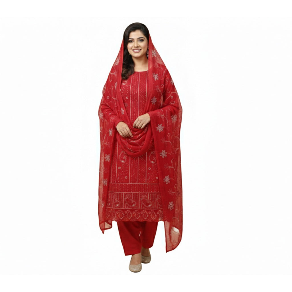 Vibrant Red Traditional Three-Piece Salwar Suit Set (Unstitched)