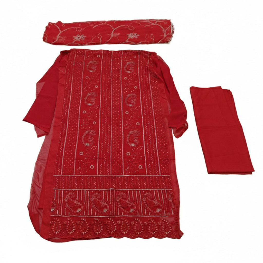 Vibrant Red Traditional Three-Piece Salwar Suit Set (Unstitched)
