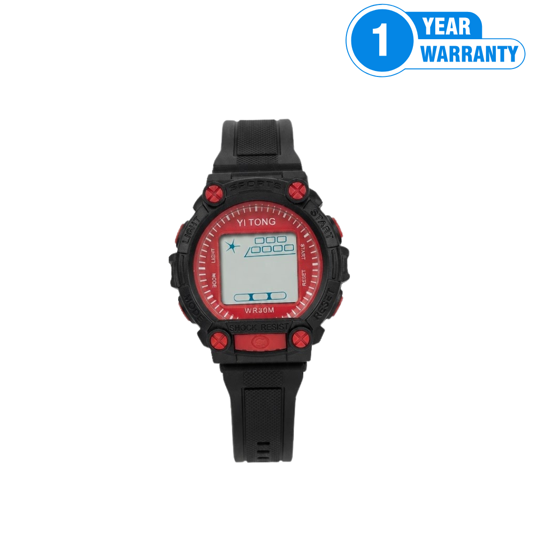 Yi Tong digital sport watch with a rugged red and black tactical aesthetic.