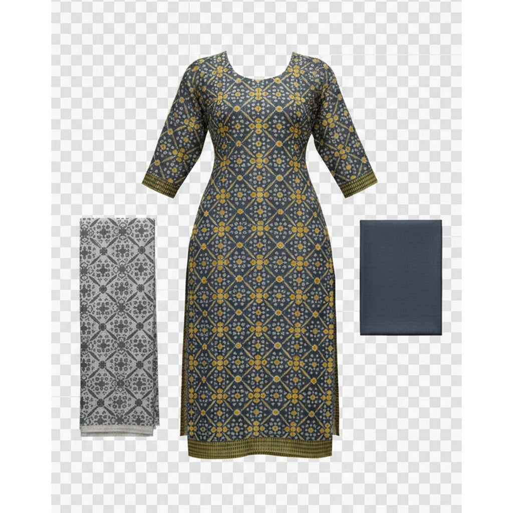 Steel Blue & Gold Traditional Salwar Kameez Set (Unstitched)