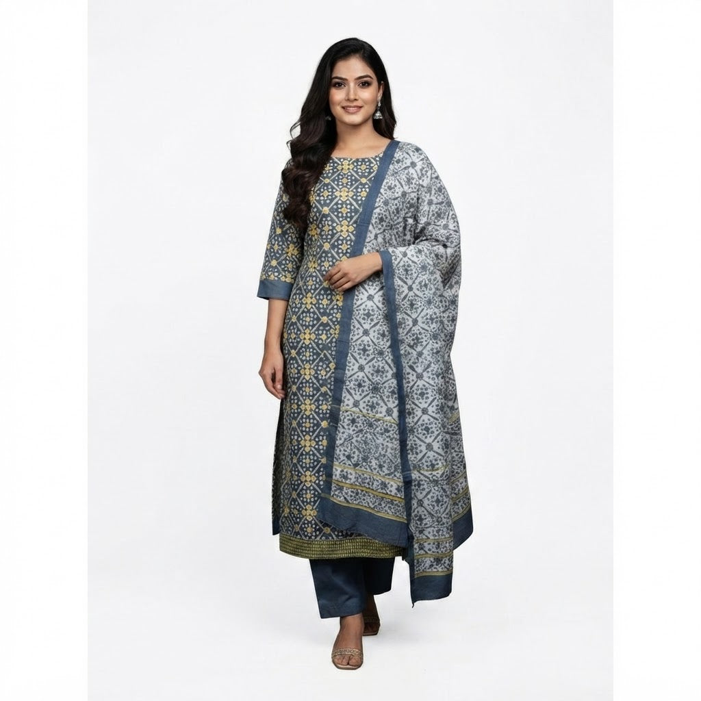Steel Blue & Gold Traditional Salwar Kameez Set (Unstitched)