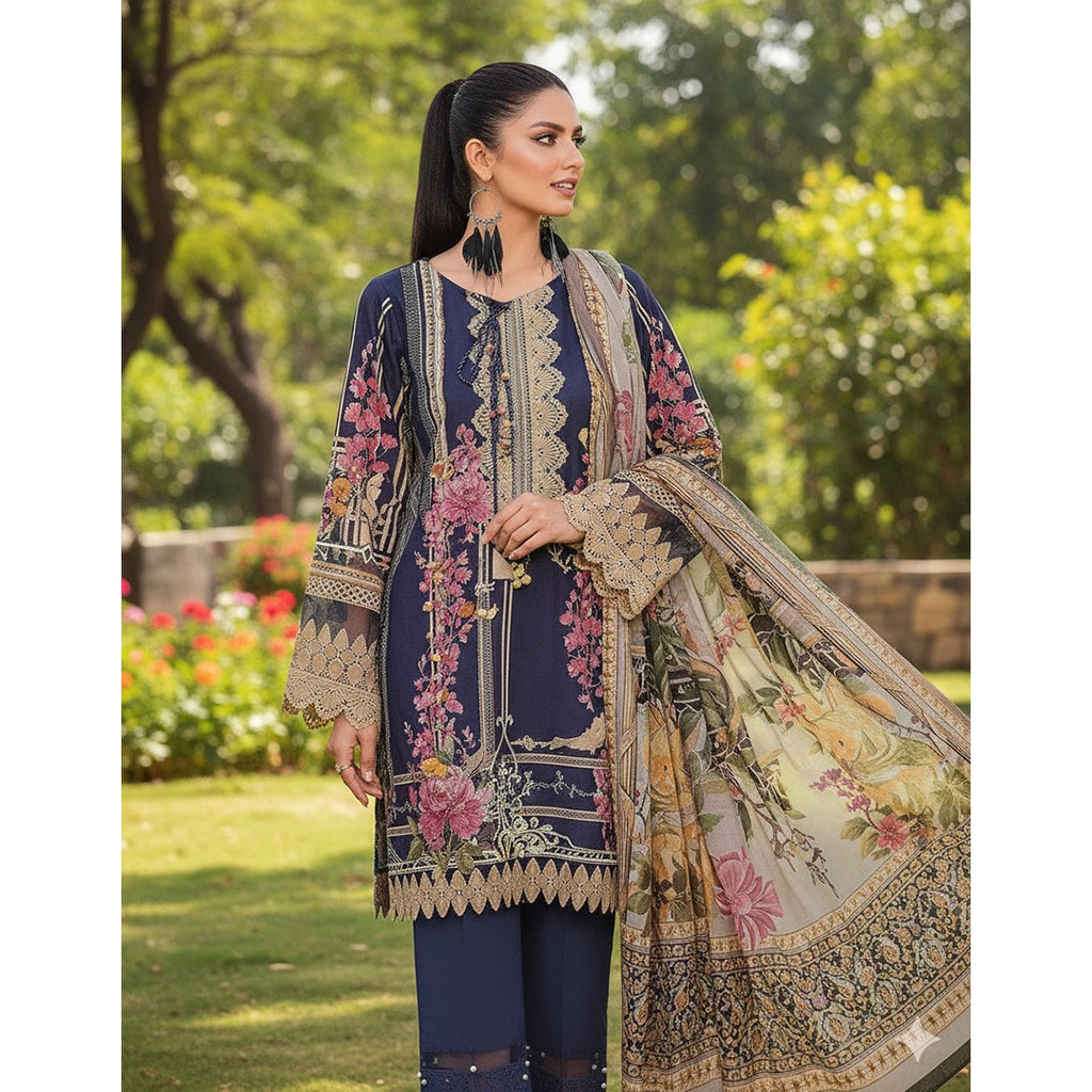 Navy Blue Pakistani Lawn Suit Set (Unstitched)