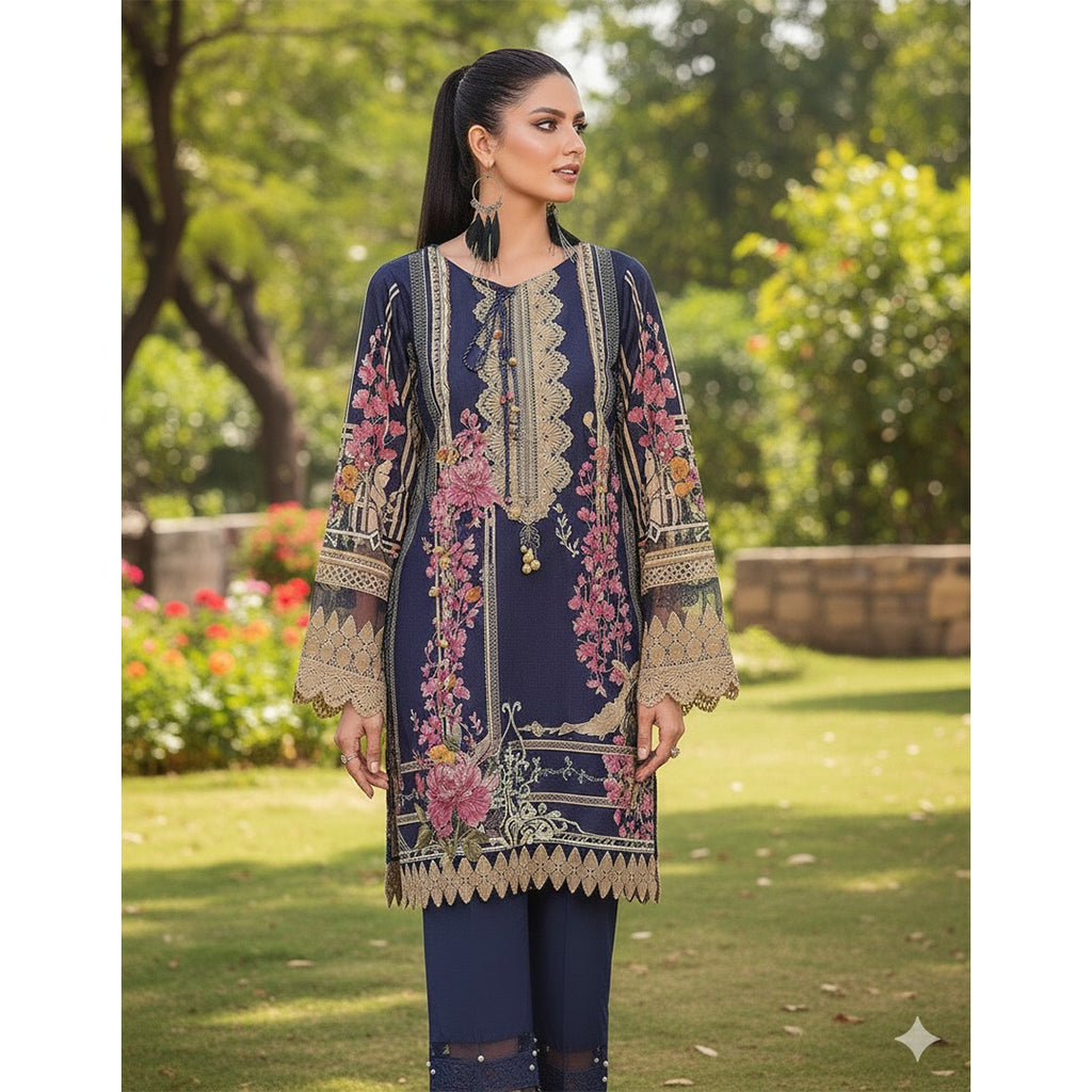 Navy Blue Pakistani Lawn Suit Set (Unstitched)