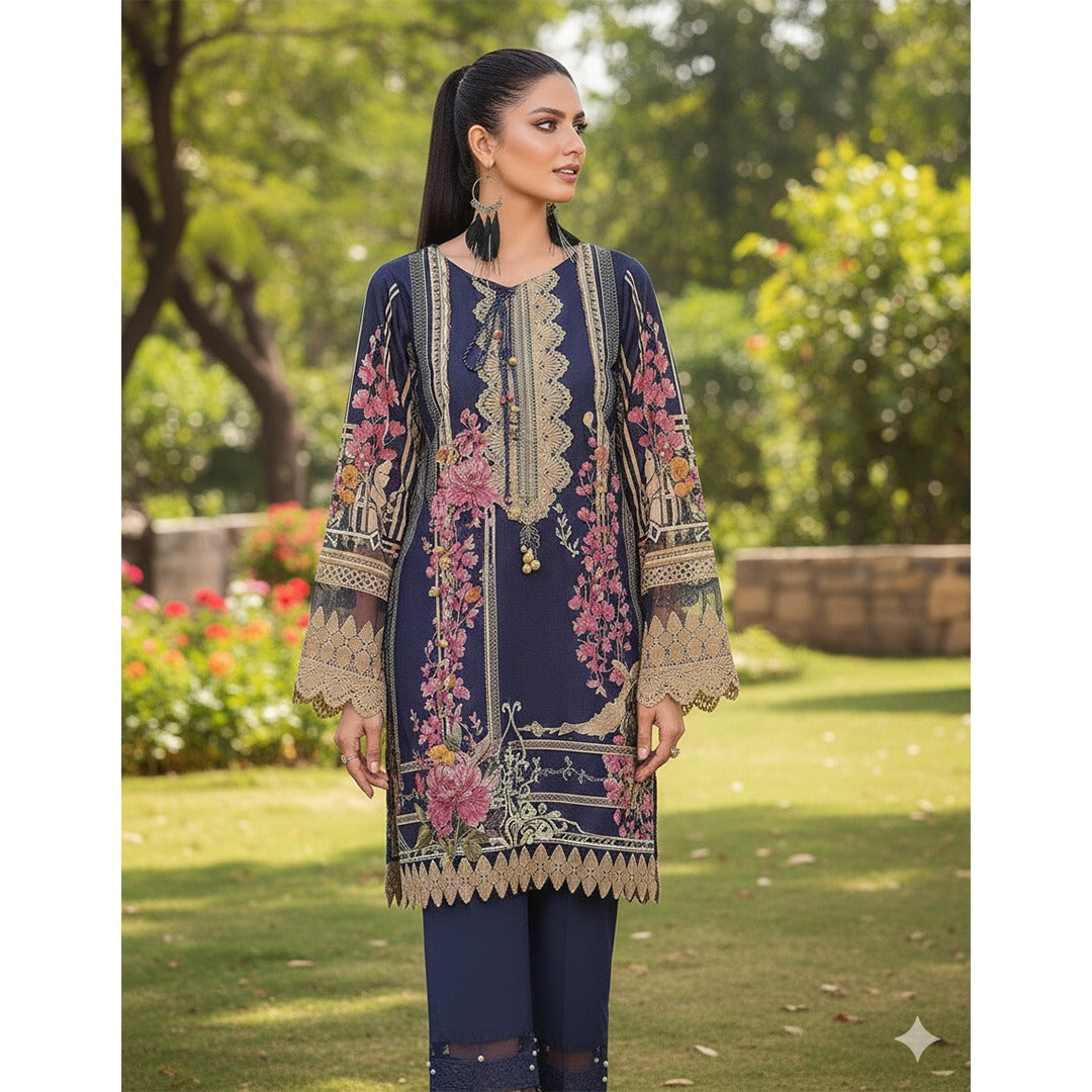 Navy Blue Pakistani Lawn Suit Set (Unstitched)
