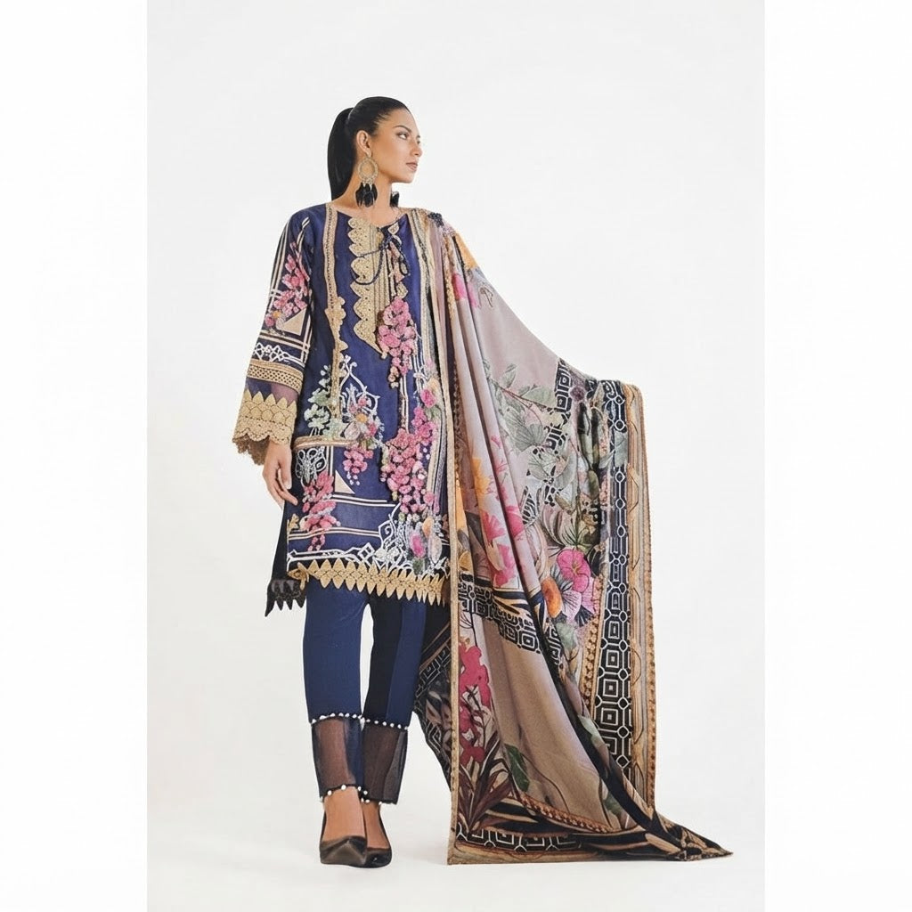 Navy Blue Pakistani Lawn Suit Set (Unstitched)