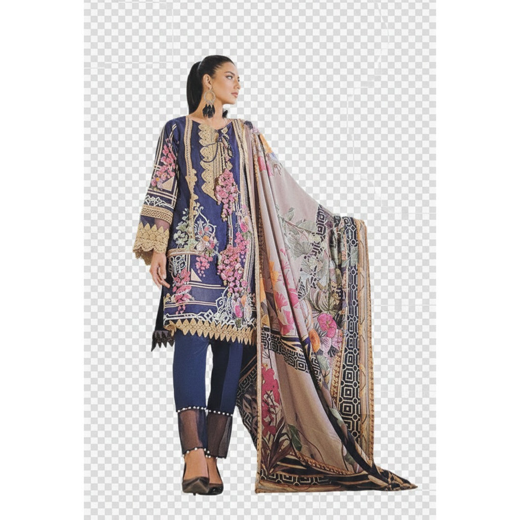Navy Blue Pakistani Lawn Suit Set (Unstitched)
