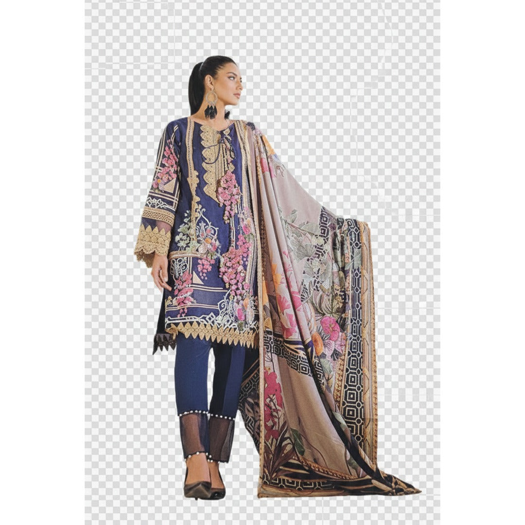 Navy Blue Pakistani Lawn Suit Set (Unstitched)