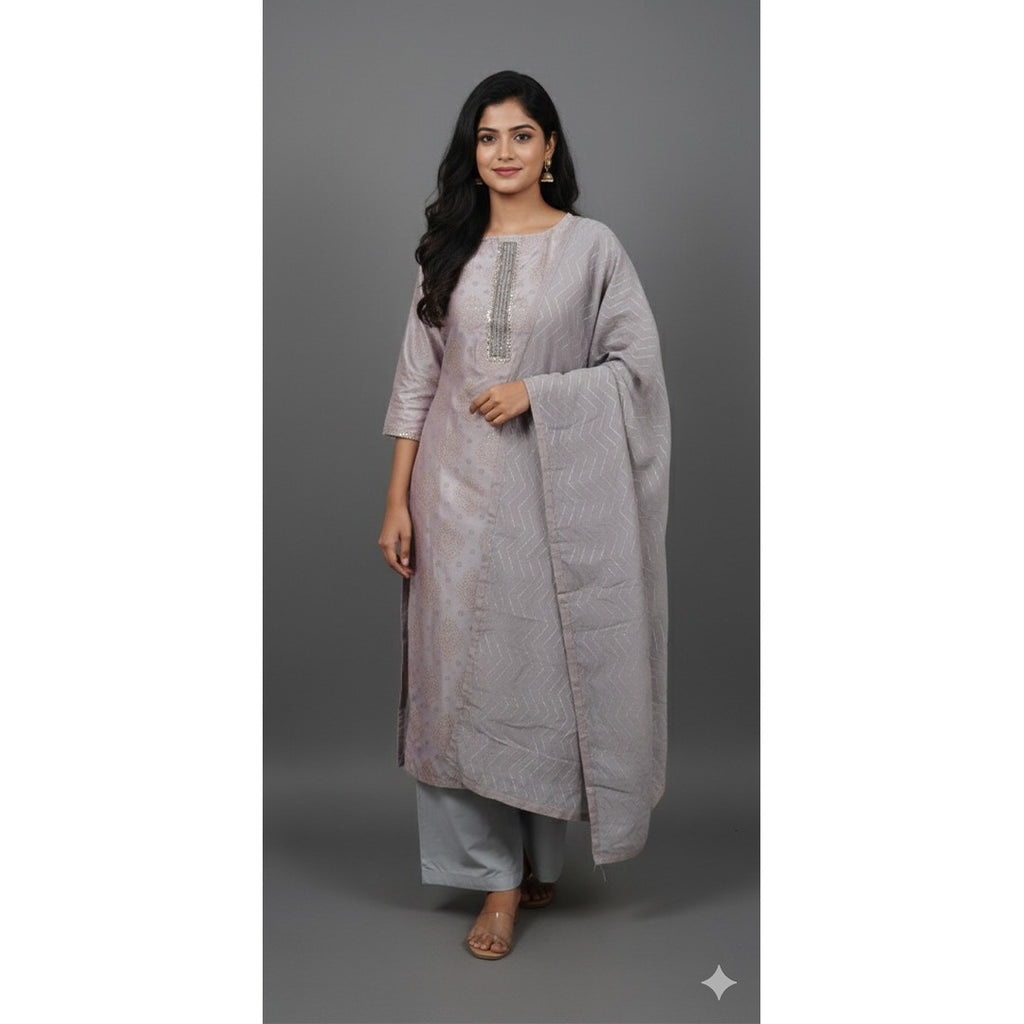 Traditional Grey Salwar Kameez Set (Unstitched)