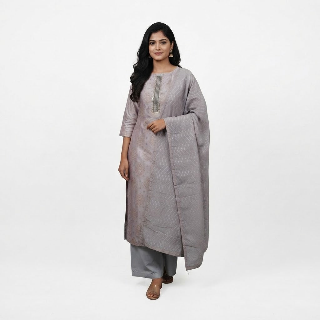 Traditional Grey Salwar Kameez Set (Unstitched)