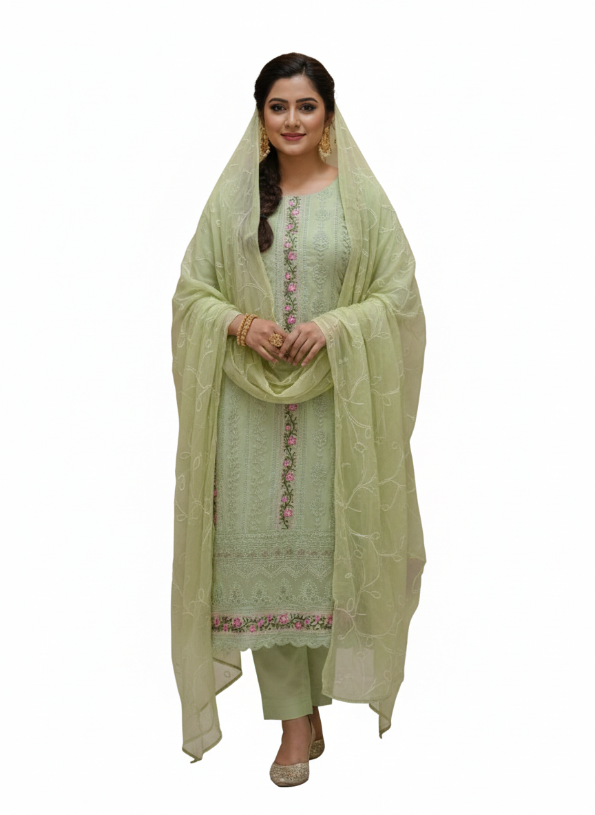 Beasy Premium Georgette Pastel Green Embroidered Kurti Set for Women