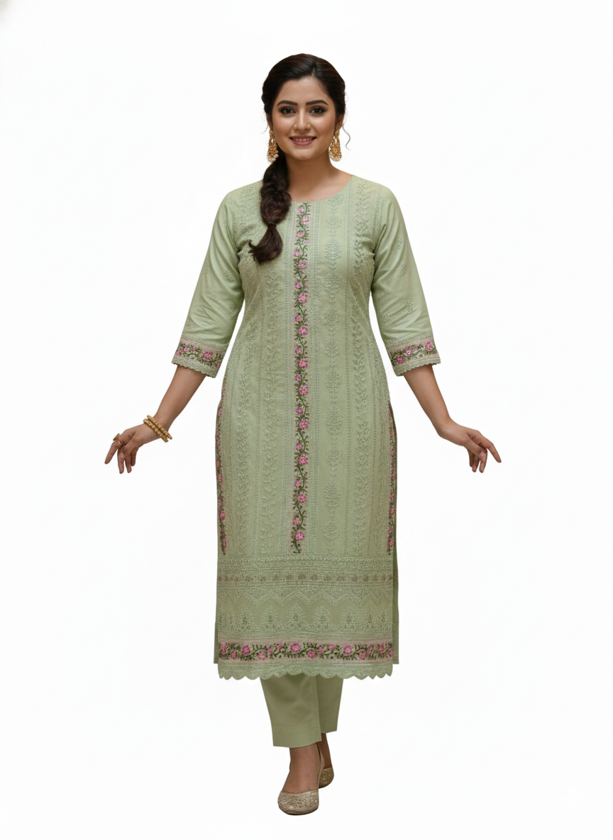 Beasy Premium Georgette Pastel Green Embroidered Kurti Set for Women with Dupatta buy online at www.beasymart.com