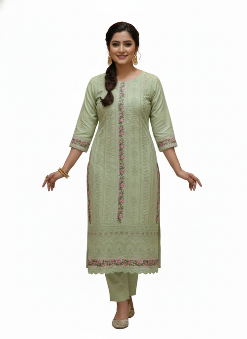 Beasy Premium Georgette Pastel Green Embroidered Kurti Set for Women