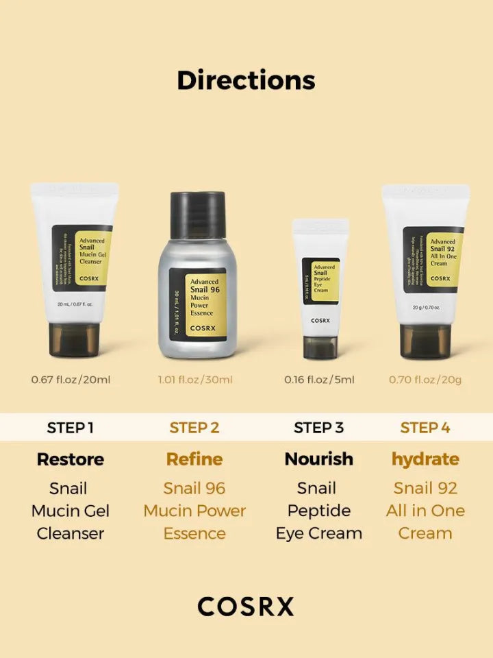 Cosrx All About Snail Kit 4 Step Gift Set (Cleanser 20ml, Power Essence 30ml, Peptide Eye Cream 5ml & All In One Cream 20g)