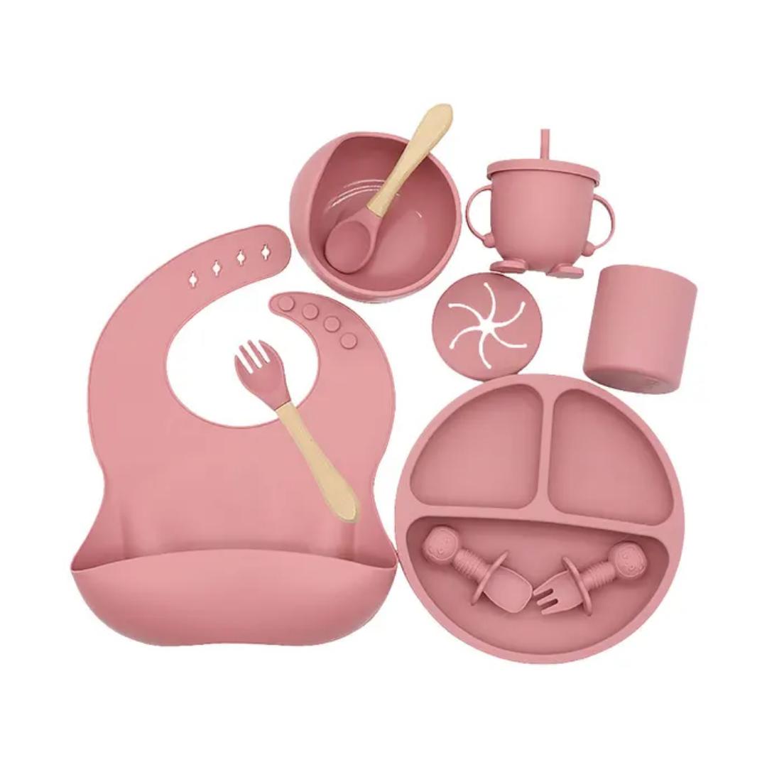 8 Pcs Silicone Baby Feeding Set Food Grade Tableware With Suction Bowl Spoon Bib Cup