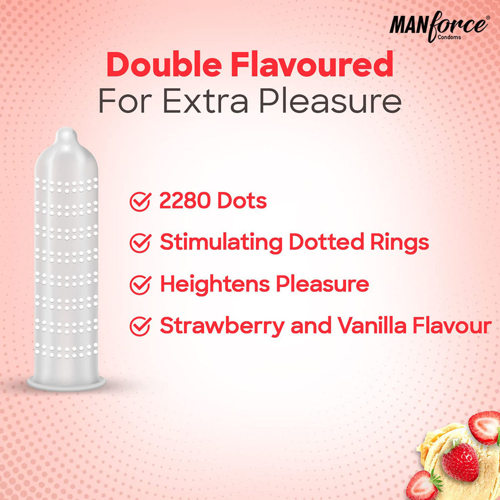Manforce Cocktail Condom With Dotted Rings, Strawberry & Vanilla Flavoured- 10Pcs Pack