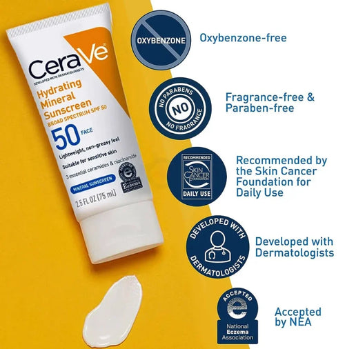 CeraVe Hydrating Mineral Face Sunscreen Broad Spectrum SPF 50 75ml