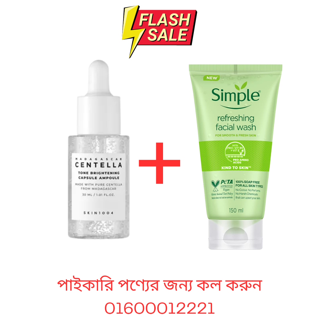 Skin 1004 Madagascar Centella Tone Brightening Capsule Ampoule 30ml + Simple Refreshing Facial Wash 150ml Combo