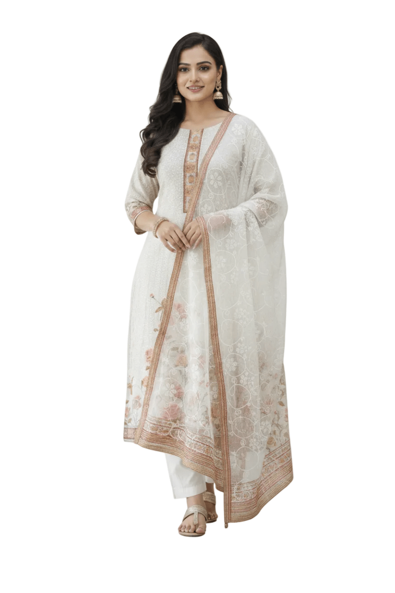 Beasy Elegant Off-White Embroidered Three Piece Suit 001 - Beasymart