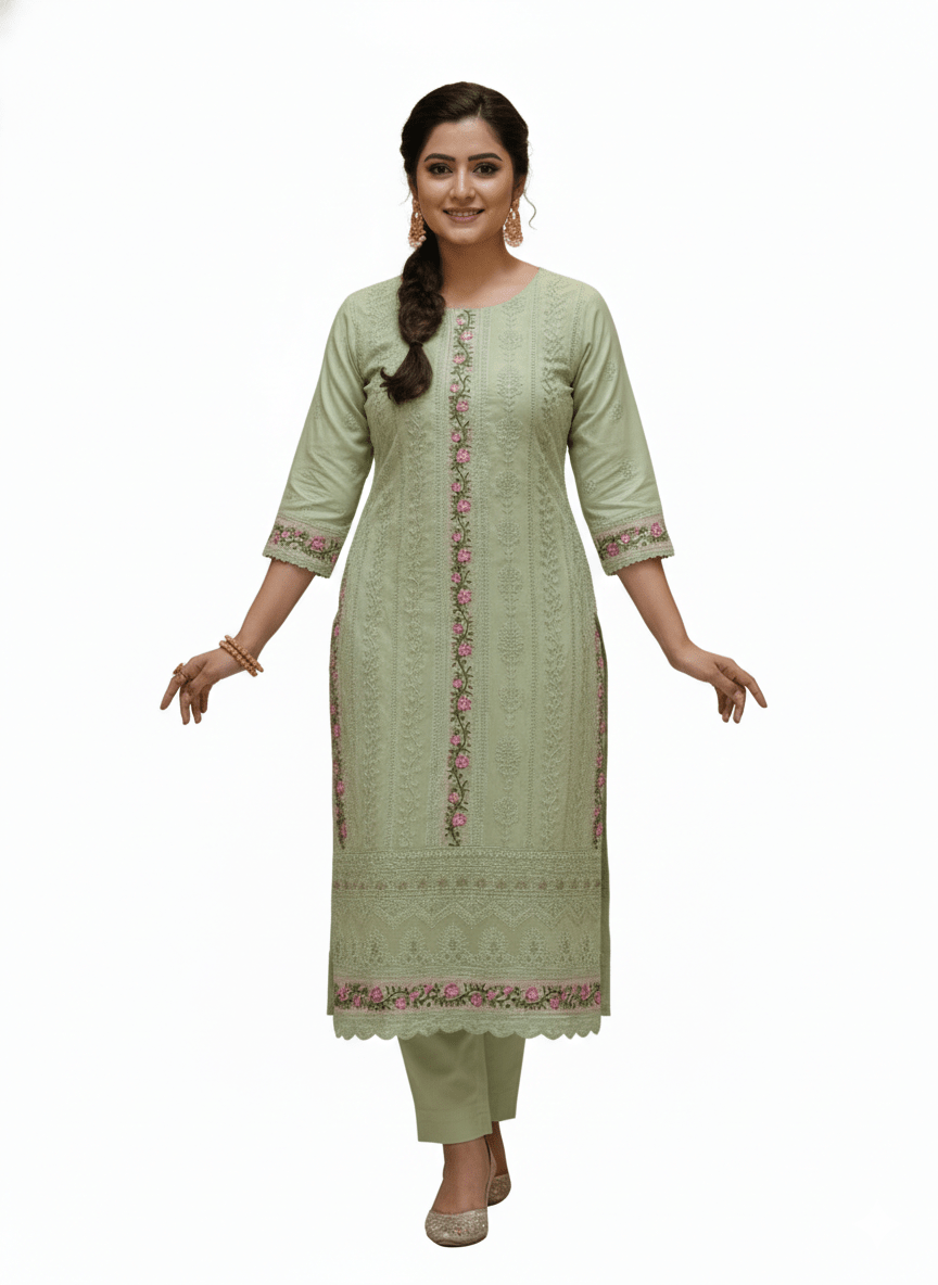 Beasy Premium Georgette Pastel Green Embroidered Kurti Set for Women - Beasymart