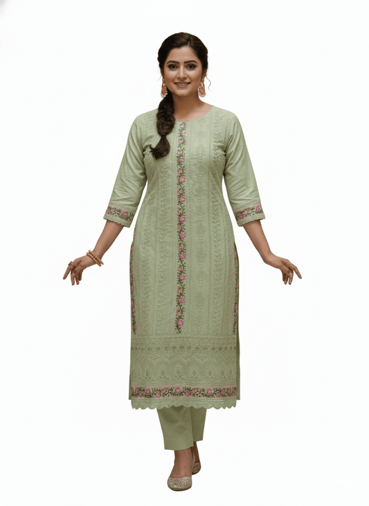 Beasy Premium Georgette Pastel Green Embroidered Kurti Set for Women - Beasymart