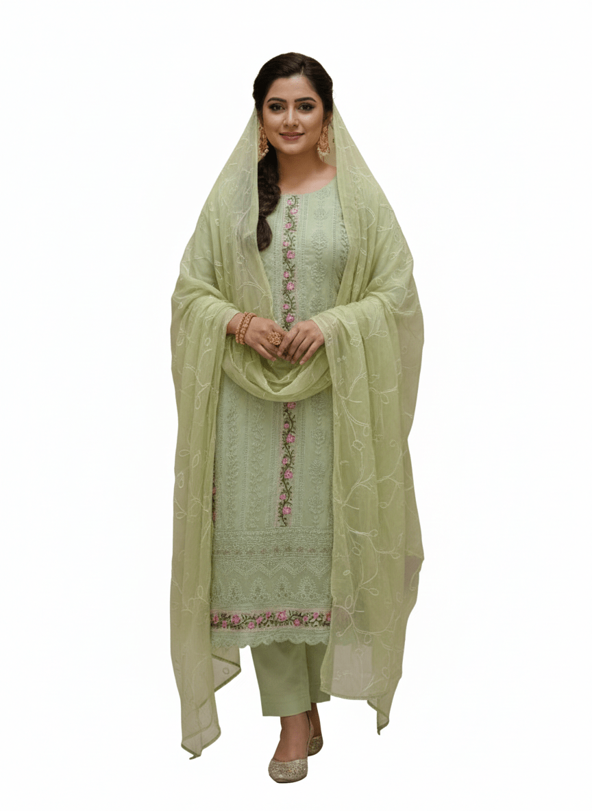 Beasy Premium Georgette Pastel Green Embroidered Kurti Set for Women - Beasymart