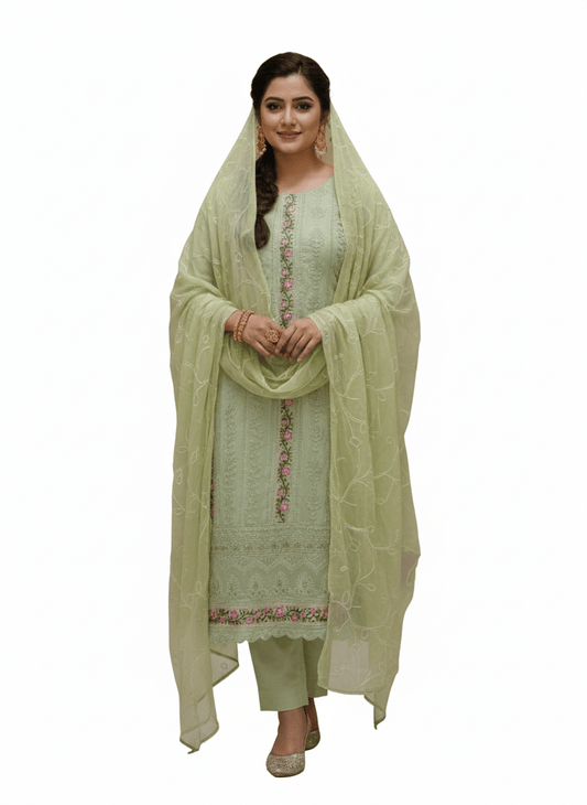 Beasy Premium Georgette Pastel Green Embroidered Kurti Set for Women - Beasymart
