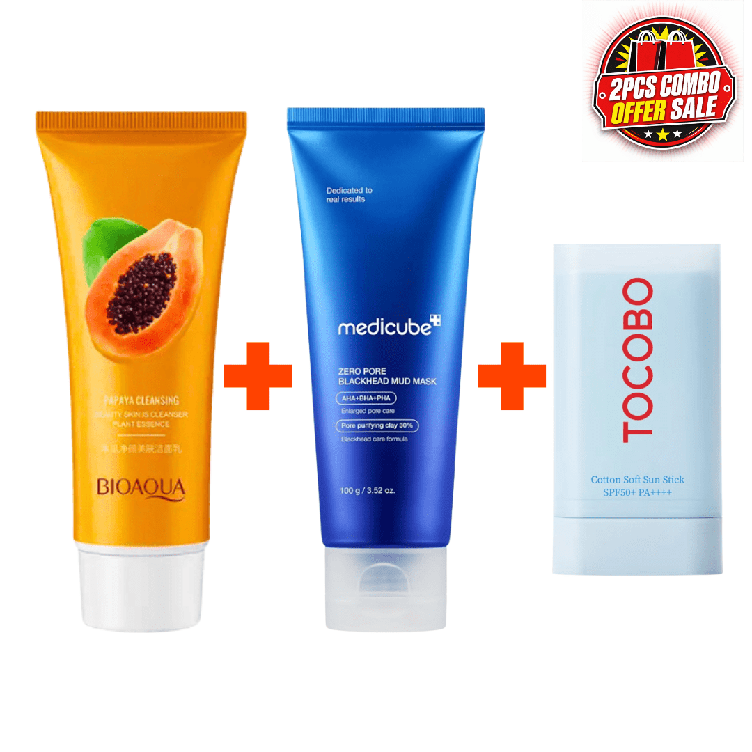 BIOAQUA Papaya Cleanser 100ml & Medicube Mud Mask 100g + Tocobo Cotton Soft Sun Stick SPF50+ PA++++ 19g Combo Offer - Beasymart