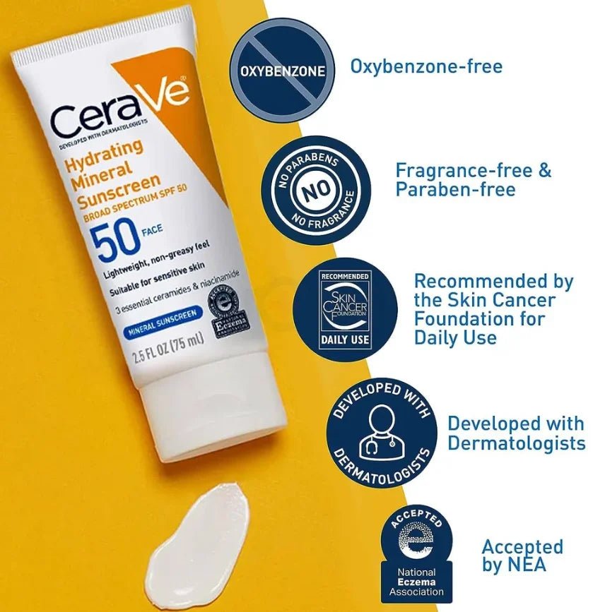 CeraVe Hydrating Mineral Face Sunscreen Broad Spectrum SPF 50 75ml (Buy 1 Get 1 Offer) - Beasymart