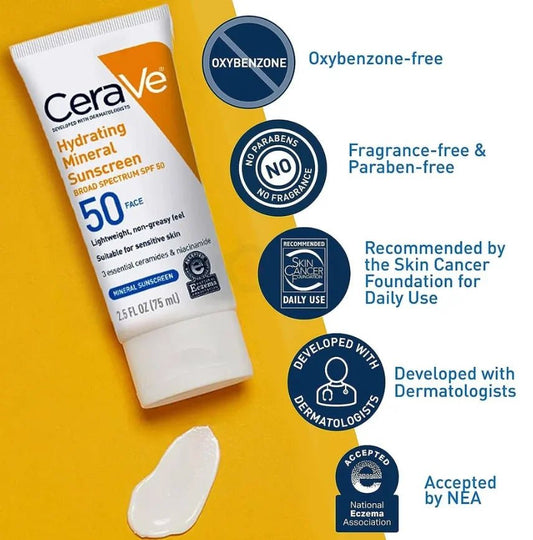 CeraVe Hydrating Mineral Face Sunscreen Broad Spectrum SPF 50 75ml (Buy 1 Get 1 Offer) - Beasymart