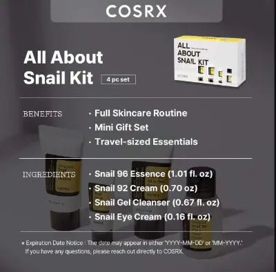 Cosrx All About Snail Kit 4 Step Gift Set (Cleanser 20ml, Power Essence 30ml, Peptide Eye Cream 5ml & All In One Cream 20g) - Beasymart
