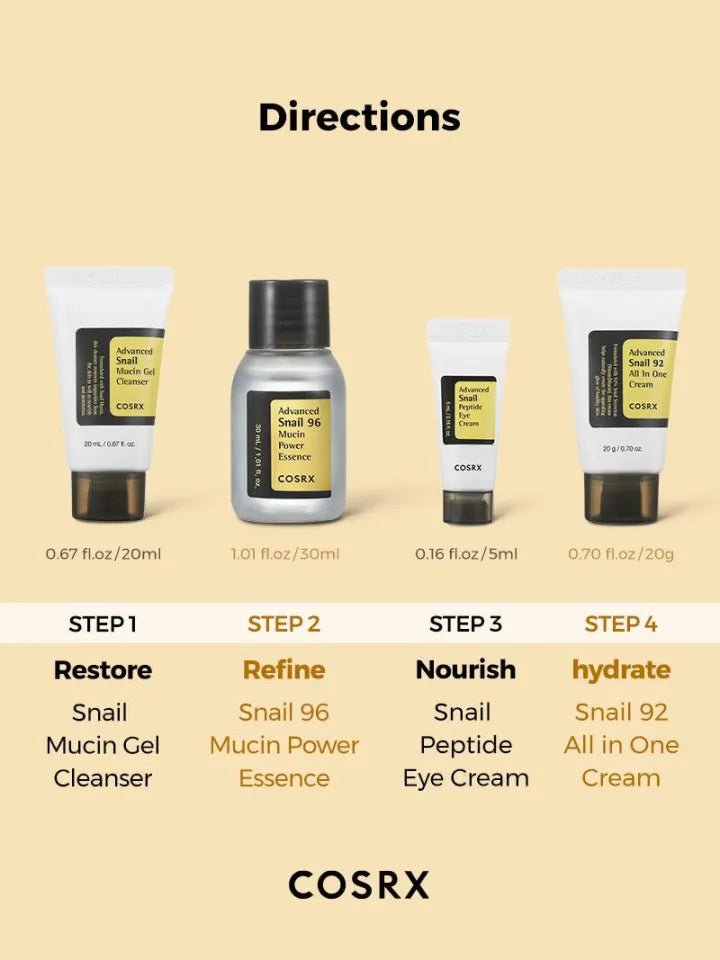 Cosrx All About Snail Kit 4 Step Gift Set (Cleanser 20ml, Power Essence 30ml, Peptide Eye Cream 5ml & All In One Cream 20g) - Beasymart