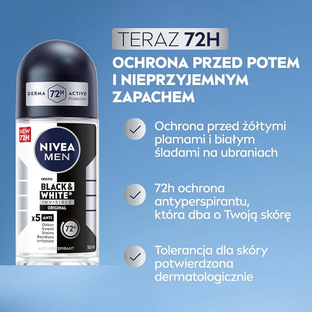 NIVEA MEN Deodorant Blac & White 72 H Invisible Fresh Antiperspirant In The Ball For Men 50ml