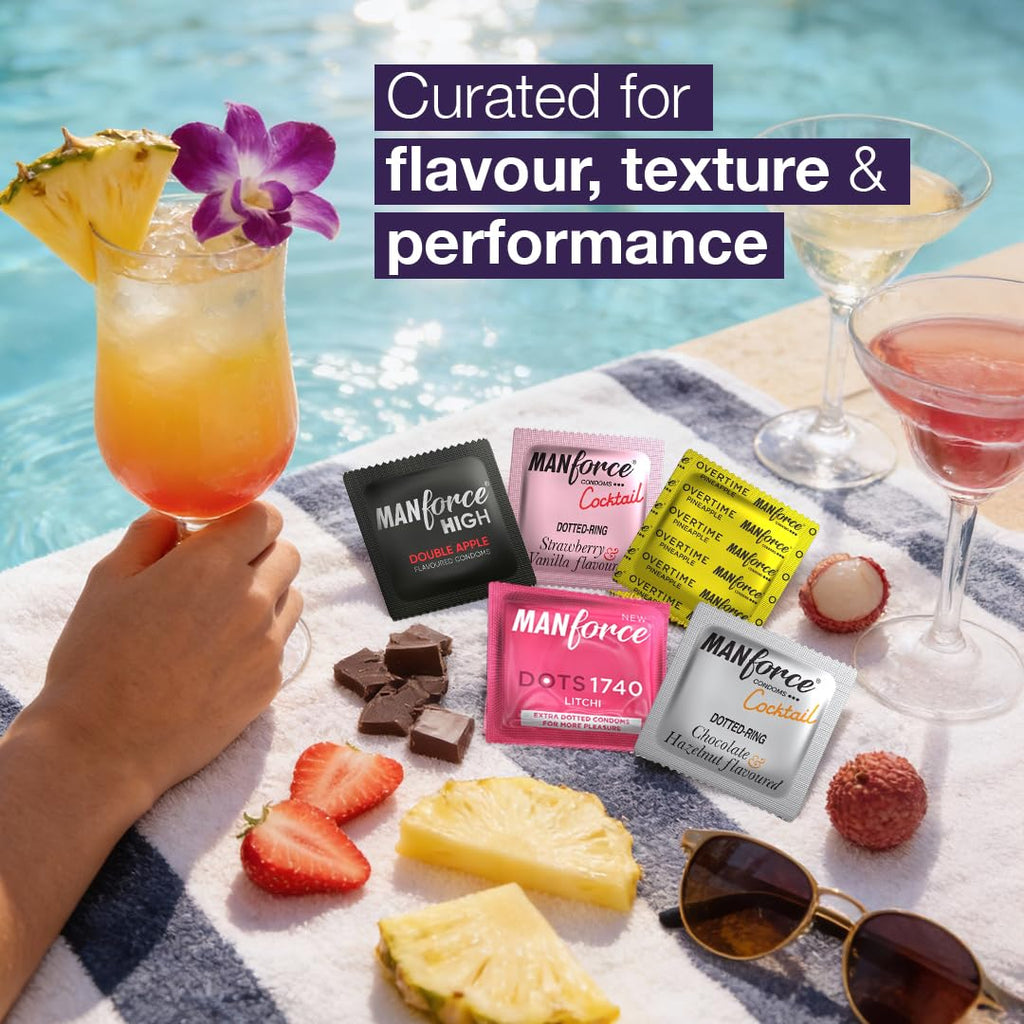Manforce Cocktail Condom With Dotted Rings, Strawberry & Vanilla Flavoured- 10Pcs Pack - Beasymart