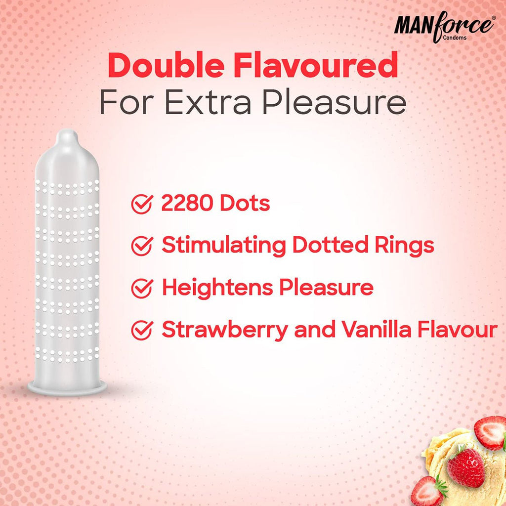 Manforce Cocktail Condom With Dotted Rings, Strawberry & Vanilla Flavoured- 10Pcs Pack - Beasymart