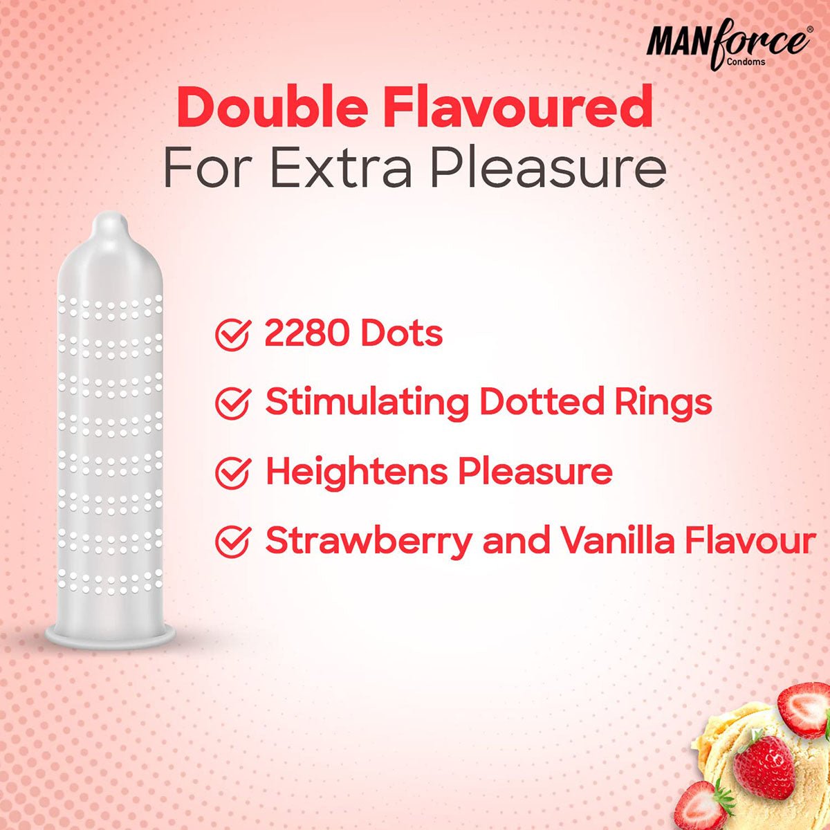 Manforce Cocktail Condom With Dotted Rings, Strawberry & Vanilla Flavoured- 10Pcs Pack - Beasymart