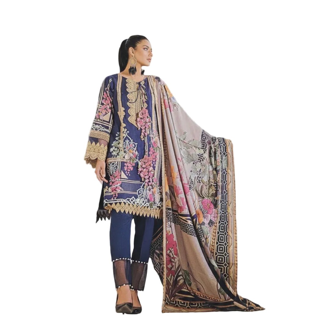 Navy Blue Pakistani Lawn Suit Set (Unstitched) - Beasymart
