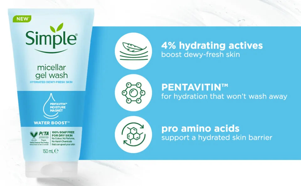 Simple Micellar Gel Wash Hydrated Dewy Fresh Skin Water Boost Soap-Free 150ml